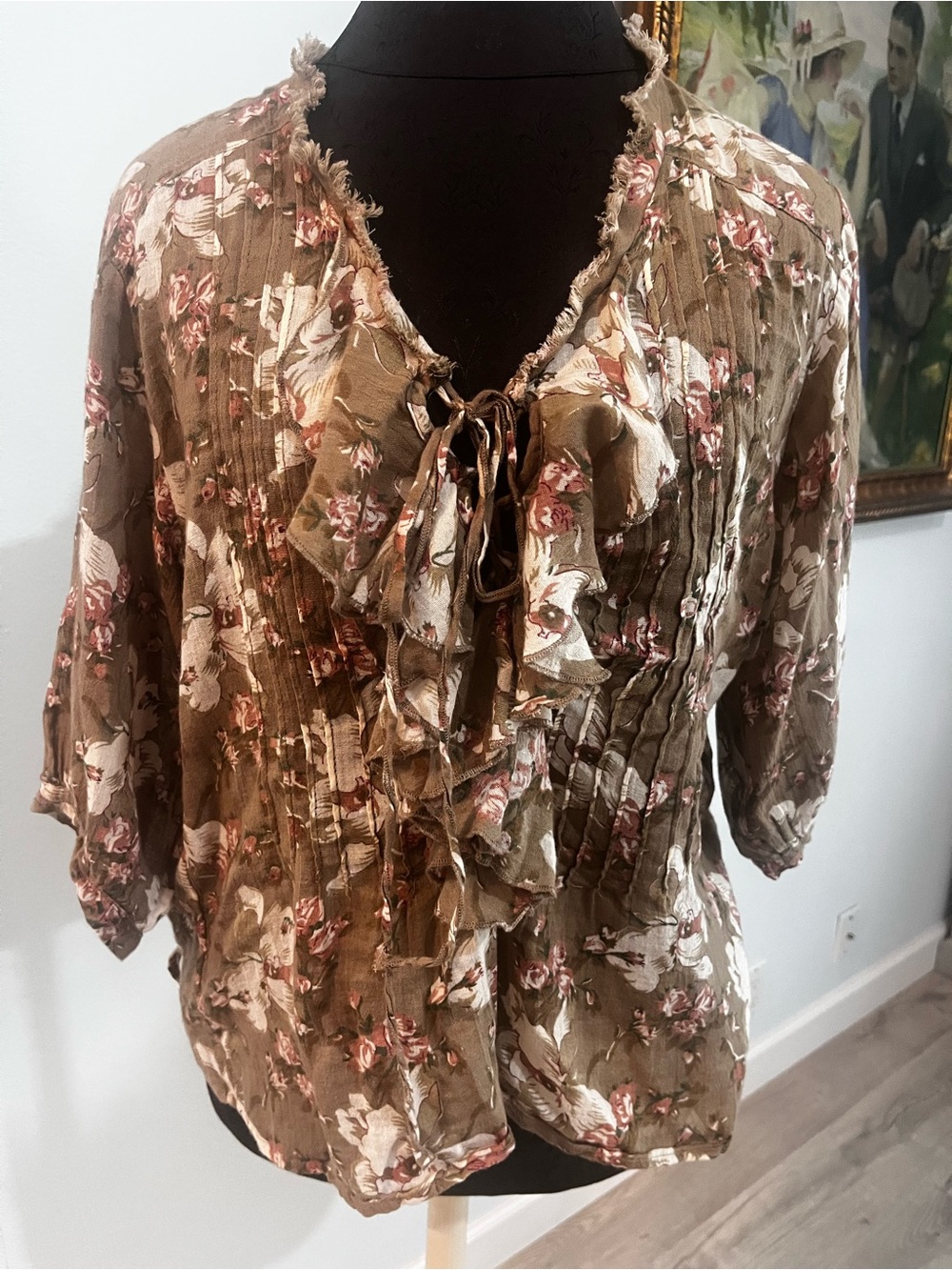 Ralph Lauren Cotton Floral Ruffled Lace Up Blouse Vintage Size Small Cottage